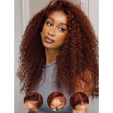 Imagem de Sunber Bye Bye Knots Peruca De Cabelo Humano Cacheado Castanho Avermelhado Sem Cola, 7X5, Renda Frontal, Pré-Arrancada, Renda Pré-Cortada, Nós Invisíveis, 26 Polegadas, Pré-Coloque E Vá, Peruca De