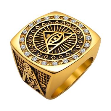 Imagem de Oaldilee Anéis maçônicos para homens, aço inoxidável 316L/ouro real 18K/joia maçônica de metal preto, anel de pedreiro punk motociclista, tamanho 7-12, Metal, Sem pedra preciosa