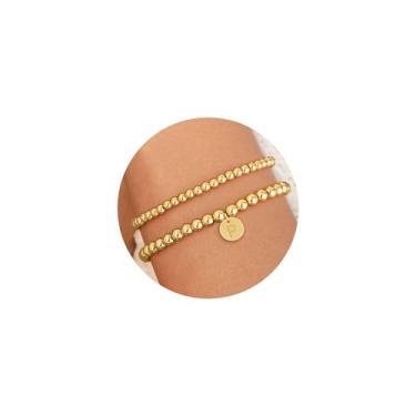 Imagem de Honsny Pulseira feminina com contas de ouro 18 quilates com inicial banhada a ouro 18 quilates Conjunto de pulseiras empilháveis e não manchadas com pingente ajustável de letra A-Z para mulheres,