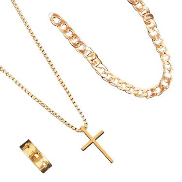 Imagem de FLORA Conjunto de colar pulseira e anel com pingente de cruz conjunto de colar pulseira e anel em liga metálica moderno e versátil para mulheres (Ouro)