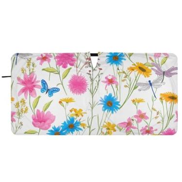 Imagem de Guarda-sol de flores silvestres coloridas para para-brisas de carro, bonitas, dobráveis para janelas dianteiras, floral automotivo, 76 cm x 149 cm