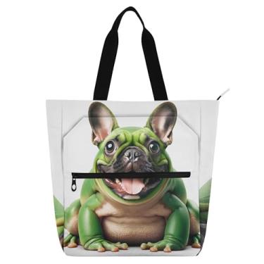 Imagem de Bolsa de trabalho feminina divertida com buldogue sapo de lona para praia com zíper, bolsas de professores, presente para amantes de livros