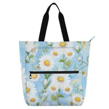 Imagem de GAIGEO Margaridas brancas folhas verdes bolsa de trabalho para mulheres bolsa escolar de lona bolsa de livros para professores amantes de livros