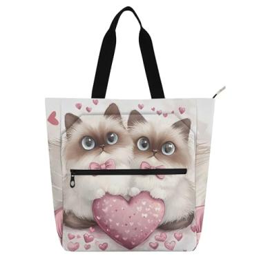 Imagem de Linda bolsa de trabalho feminina com coração de gatos siameses rosa bolsa escolar de lona com zíper para professores bolsas para amantes de livros presentes