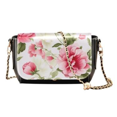 Imagem de GAIGEO Bolsa de couro colorida de flores de laranja e rosas amarelas com bolsos, bolsa tiracolo feminina de couro, Flores rosa e verdes-3, One Size