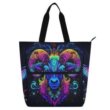 Imagem de GAIGEO Bolsa feminina estilizada floral de cabra neon bolsa de trabalho de lona com zíper bolsa de praia para professores com compartimentos