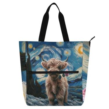 Imagem de GAIGEO Bolsa feminina Starry Night Highland Cow Work Bag Canvas Beach School Tote Bag Presente para professores para amantes de livros