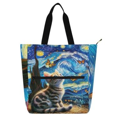 Imagem de Sacola feminina fofa gatinha noite estrelada gato para trabalho lona praia escola bolsas fofas bolsas infantis amantes de livros presentes