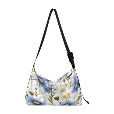 Imagem de GAIGEO Bolsa transversal grande de couro aquarela azul e folhagem dourada, bolsa tiracolo de couro sintético, bolsa de ombro de couro, Flor azul e branca - 4, One Size