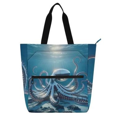 Imagem de GAIGEO Sacola feminina de polvo robótico azul marinho para trabalho em lona escolar bolsa de viagem para amantes de livros