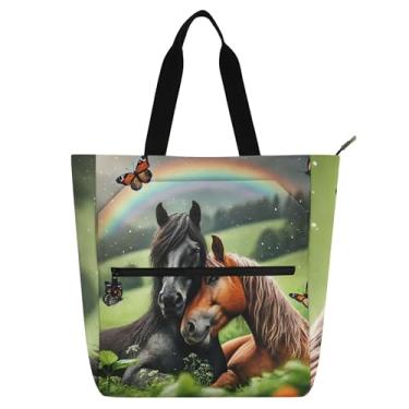 Imagem de GAIGEO Bolsas de trabalho fofas de animais cavalos para mulheres bolsa de lona para livros de praia com zíper para crianças bolsas fofas para amantes de livros