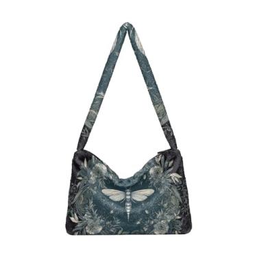 Imagem de Bolsas de ombro femininas retrô com textura de madeira velha coral vida marinha, bolsas de pelúcia macia, bolsas de livro para mulheres, Libélula em guirlanda turquesa em preto, One Size