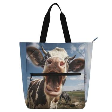 Imagem de GAIGEO Bolsa de ombro engraçada com estampa de vaca Yell para crianças, mulheres, escola, trabalho, floral, com zíper, lona, ombro