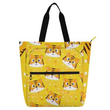 Imagem de GAIGEO Linda sacola de trabalho amarela tigre de desenho animado para mulheres bolsa de lona para livros de praia com zíper para uso diário amantes de livros