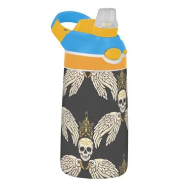 Imagem de Garrafa de água Tritan de 473 ml para crianças, reutilizável, garrafa de água esportiva de 473 ml, com canudo à prova de vazamento, copo infantil portátil, alça de transporte, asas de caveira pretas