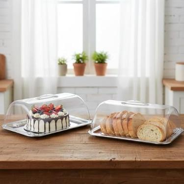 Imagem de Kit 2 Porta Pães com Tampa em Acrílico e Base em Aço Inox, Tamanho Grande, 34x25x12 cm, Cozinha Mesa Bolo Boleira
