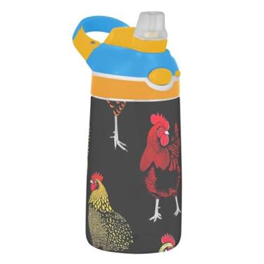 Imagem de Garrafa de água esportiva infantil Tritan de 473 ml com tampa de palha, garrafa de água à prova de vazamento, para escola, portátil, copo infantil de 473 ml, alça de transporte, várias galinhas