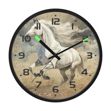 Imagem de SEHANY Relógio de parede artístico majestoso cavalos silencioso, sem tique-taque, relógio redondo operado por bateria, controle de som, luz noturna, relógios de parede para sala de estar, cozinha