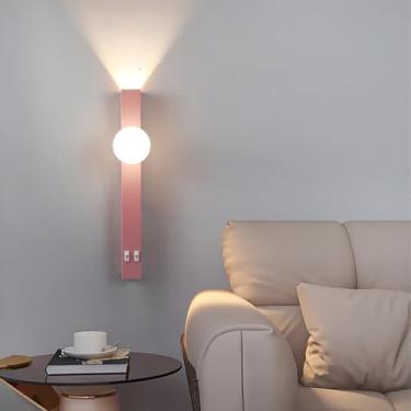 Imagem de GZZBMY LED apliques de parede interior nórdico moderno metal candeeiros de parede com interruptor de tela de acrílico quarto iluminação para sala de estar corredor cabeceira (luz rosa quente, 40 cm)