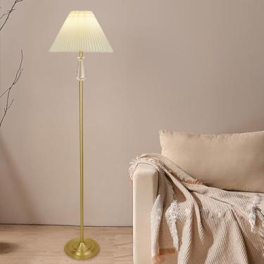 Imagem de Luminária de chão com cúpula de tecido bege, luminária de pé em latão polido, luminária vertical decorativa para sala de estar, luminária de chão clássica em cobre, luminária de leitura alta