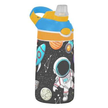 Imagem de Garrafa de água infantil de 473 ml com tampa de canudo à prova de vazamento, garrafa de água esportiva para escola portátil Tritan de 473 ml, alça de transporte, astronautas Planet Rocket Star