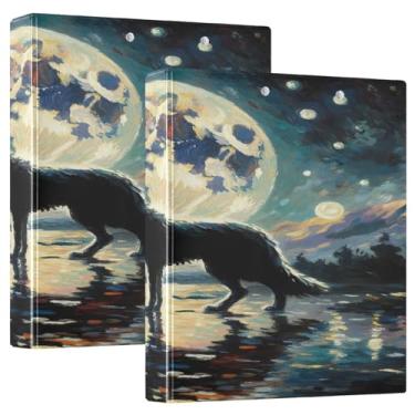 Imagem de Fichários de anel azul lua lobo estrelado, pacote com 2 pastas, fichários grandes, 3 anéis
