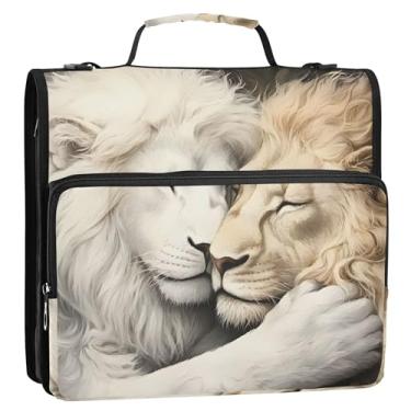 Imagem de Fichários de 3,8 cm, 3 anéis, romântico, leão, casal, amor, fichário com zíper, com alça, bolsa de ensino médio, vários bolsos, pasta grande para portfólio