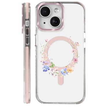 Imagem de casesok Capa para iPhone 13/14 compatível com Magsafe, design estético claro bonito para meninas e mulheres, capa rígida protetora antiqueda para iPhone 13/14 - Anel de borboleta com flores pastel