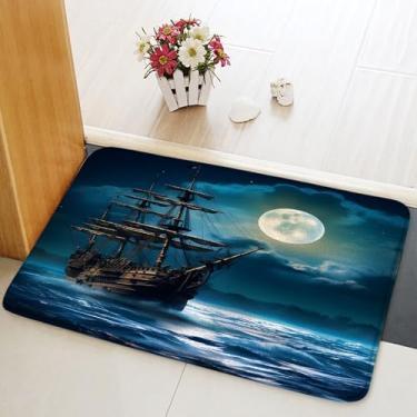 Imagem de Tapete de banho navio pirata náutico veleiro oceano aventura lua cheia céu noturno nublado tapetes de banheiro capacho de cozinha tapete de banheiro 45 x 75 cm