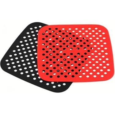 Imagem de Forros de silicone para fritadeira a ar, pacote com 2 tapetes de silicone reutilizáveis, acessórios antiaderentes resistentes ao calor, preto + vermelho
