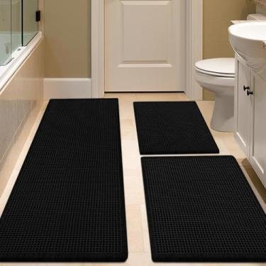Imagem de IM HOME Conjunto de tapetes de banho Waffle 3 peças pretos, tapetes de banho modernos tecidos, tapete absorvente antiderrapante, tapetes de banho boho macios laváveis com borlas para banheiro, quarto