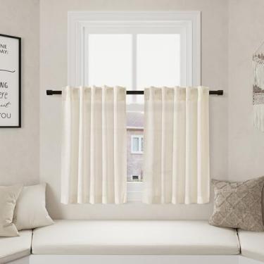 Imagem de Cortinas de linho natural linho café 61 cm de comprimento privacidade filtragem de luz semitransparente porta frontal pequena cortina de janela traseira bolso haste cortinas curtas plissadas para