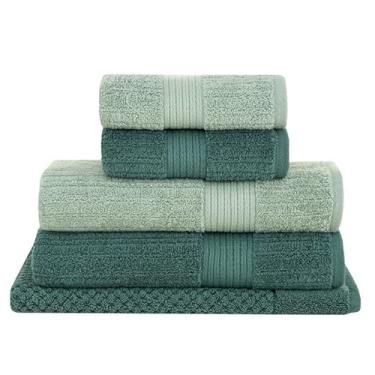 Imagem de Jogo de Toalhas de Banho Caneladas Fio Penteado 5 Peças 100% Algodão Alta Absorção(Verde)