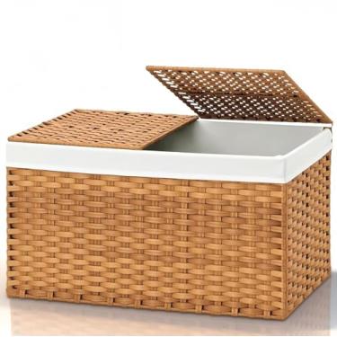 Imagem de Laveduso Cesta de armazenamento com tampa – Cesta dobrável de tecido de vime com 2 tampas separadas, 65 litros, 56 x 33 x 35 cm, com 2 forros removíveis e alças laterais, para quarto, lavanderia