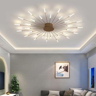 Imagem de Lustre de teto LED moderno, dimerizável, com 42 lâmpadas, embutido, com cúpula de acrílico, ideal para sala de jantar, quarto e sala de estar. Temperatura de cor: 3000-6000K. Efeito fogos de