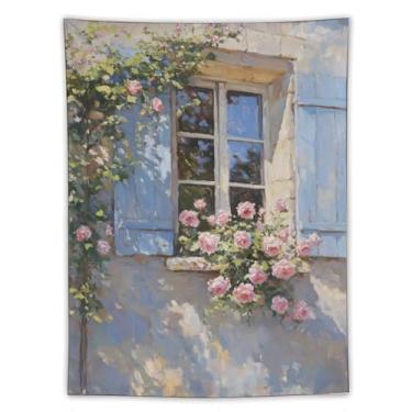 Imagem de Tapeçaria de janela de casa de campo francesa persianas azuis rosas rosas exuberantes estilo pintura a óleo parede rústica decoração de casa para quarto sala de estar ambiente encantador 152 x 203