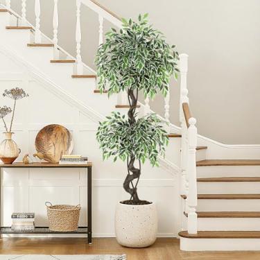 Imagem de GarveeHome Árvore de ficus artificial para decoração de interiores, árvore de piso falso de 1,8 m, vaso de cerâmica sintética branca, interior e exterior, árvore de ficus falsa realista com seixos e