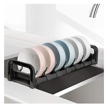 Imagem de Escorredor de pratos de cozinha tipo gaveta embutida escorredor de pratos espaço alumínio preto (tamanho: palete longo rack) (tamanho: palete longo rack) (prateleira curta com tigela)