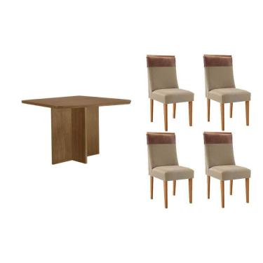 Imagem de Sala Jantar Mesa Berlim Tampo Curvo 90cm+4 Cadeiras Jaspe Madeira Naturale - Capuccino/Linho Bege - Rufato