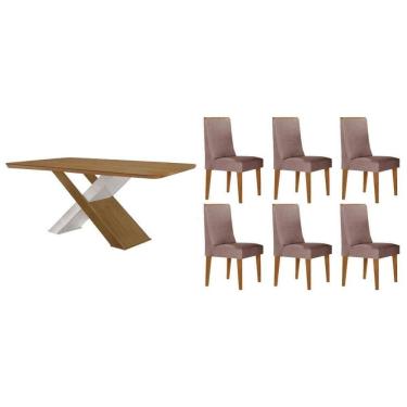 Imagem de Sala Jantar Mesa Imperatriz Tampo Curvo 180cm+6 Cadeiras Dakota Madeira Naturale/Off Wite - Capuccino/Linho Capuccino - Rufato