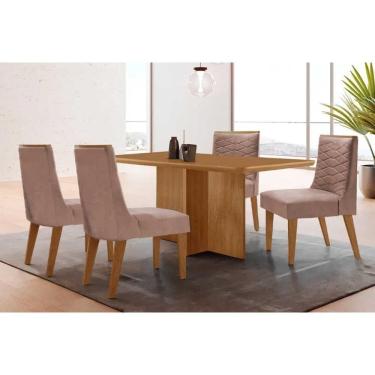 Imagem de Sala Jantar Mesa Berlim Tampo Curvo 120cm+4 Cadeiras Maldivas Madeira Naturale - Capuccino/Linho Capuccino - Rufato