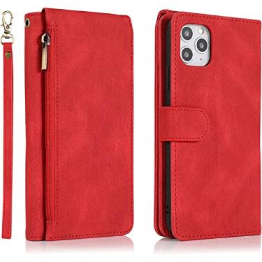 Imagem de KKFAUS Capa carteira com zíper para iPhone 14/14 Plus/14 Pro/14 Pro Max, capa de telefone de couro PU premium com alça de pulso slots de cartão suporte capa de notebook flip magnético (cor: vermelho, tamanho: 14Pro)