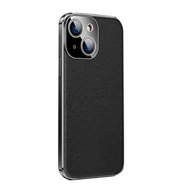 Imagem de GANYUU Capa para iPhone 14/14 Plus/14 Pro/14 Pro Max, capa de telefone de couro genuíno de primeira camada de cor sólida, capa traseira respirável resistente a arranhões à prova de choque (cor: preto, tamanho: 14 Pro Max 6,7 polegadas)