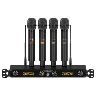 Imagem de MELONARE Sistema de microfone sem fio de 4 canais, conjunto de microfones sem fio UHF montáveis em rack com 4 x 10 frequências, alcance de 79 m, microfone de mão dinâmico para cantar, karaokê, igreja