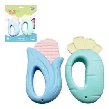 Imagem de Mordedor para Bebê em Formato de Concha e Milho, Azul e Verde Pastel, 10cm, 2 Peças, Alívio Gengival