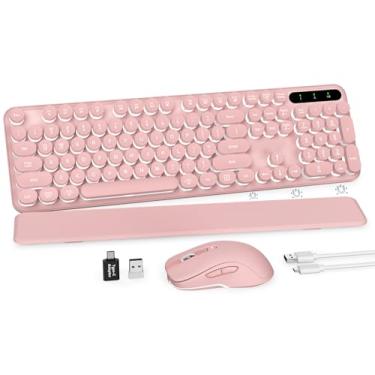 Imagem de Combo de teclado e mouse sem fio, teclas redondas retroiluminadas, teclado de máquina de escrever retrô com descanso de pulso removível, pernas recarregáveis e inclinadas, conexão sem fio de 2,4 GHz