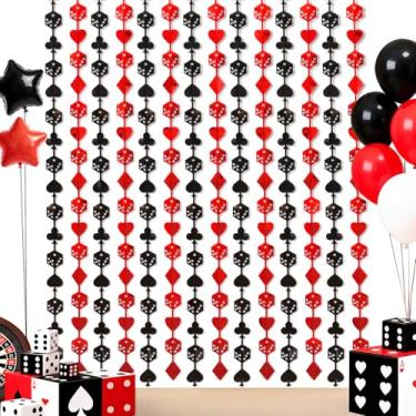 Imagem de Menstarsi Decoração de festa com tema de cassino, pacote com 2 cortinas de franja de alumínio vermelho e preto, suporte de cabine de fotos de pôquer, pano de fundo de Las Vegas para decoração de casa