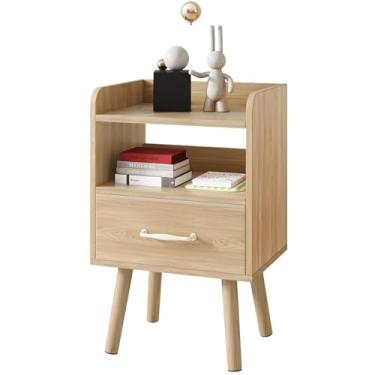 Imagem de YMYNY Mesa de cabeceira, mesa de cabeceira, mesa lateral, mesa de canto de sofá de madeira com gaveta de tecido, prateleira aberta, pernas de madeira maciça, 39 x 29 x 63 cm, para quarto, sala de