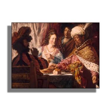 Imagem de OKRA Rembrandt Canvas Wall Art - Esther Acusa Haman During Her Meal With Assuerus Home Decor - Imagem histórica - Adequado para estúdios de arte, banheiros e academias. Sem moldura. 12 x 16 pol/30 x