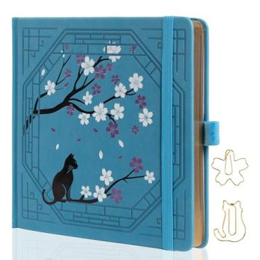 Imagem de TIEFOSSI Diário quadrado pontilhado, diário de gato fofo para mulheres e meninas, caderno de pontos com linda estampa Sakura, diário estético para escrever desenho de diário, bordas douradas, 20 x 20